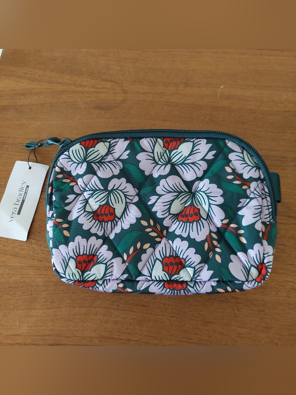 Vera Bradley Green Floral Quilted Cosmetic Pouch Lotus Sea Moss